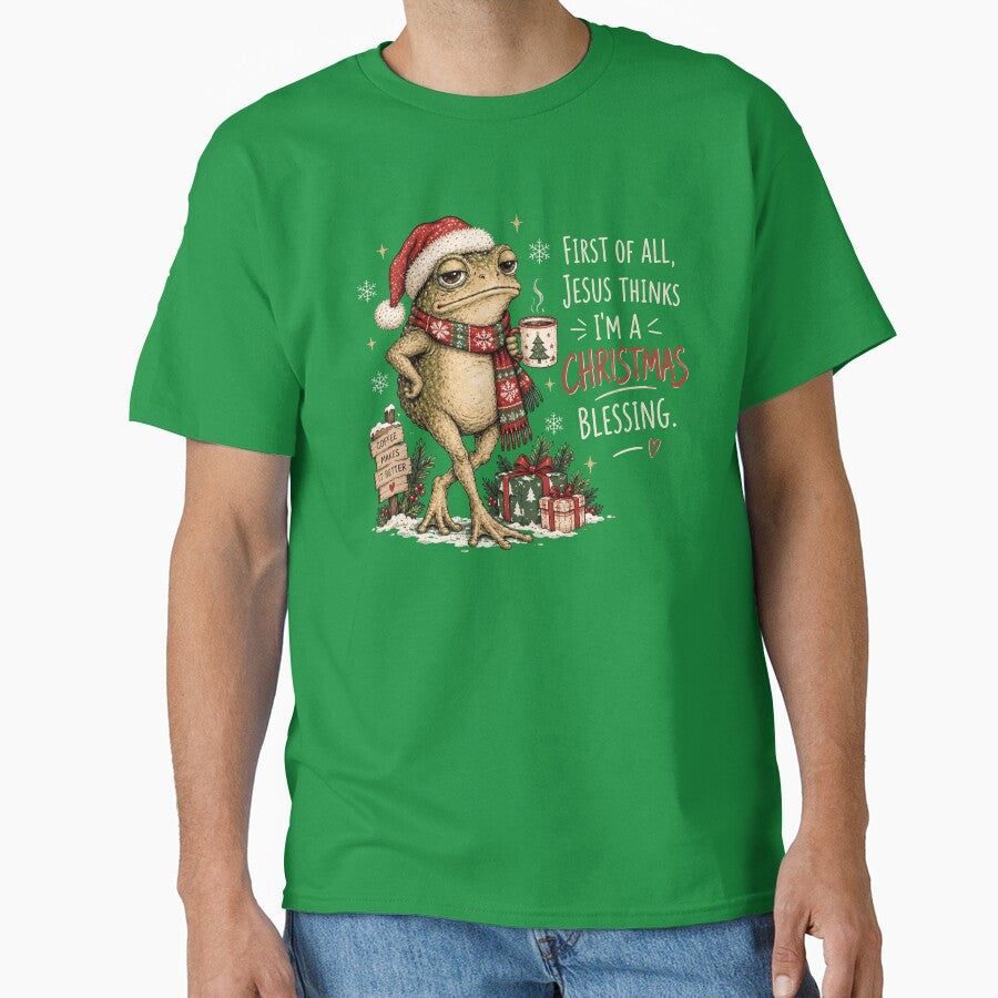 Funny Christmas Frog, Jesus Christmas Blessing, Christian Holiday Quote, Cute Cottagecore Frog with Coffee, Festive Gift for Women by Quiajia
