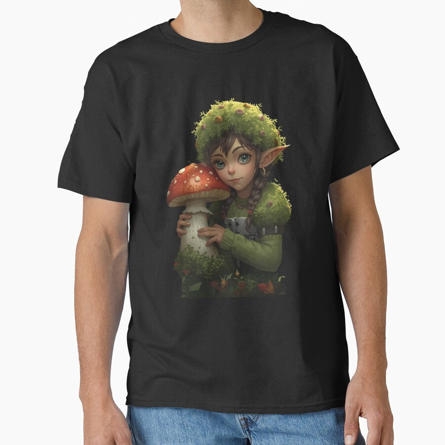 Forager Moss Girl Holding Giant Mushroom Goblincore T-Shirt & Sticker by Ashley critters