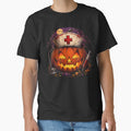 Spooky Halloween Pumpkin Nurse Shirt Creepy Nurse Hat Jack O Lantern by Artbyrome