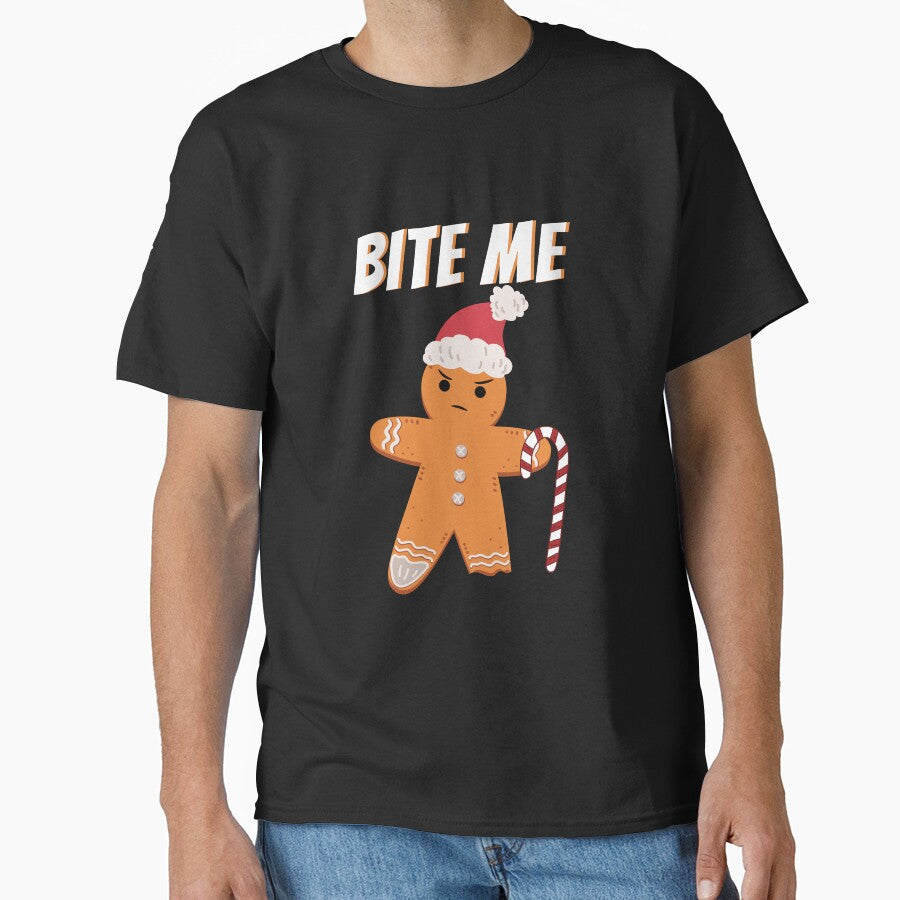 Bite Me Angry Gingerbread Man Funny Christmas Cookie Baking T-Shirt by AUAINO