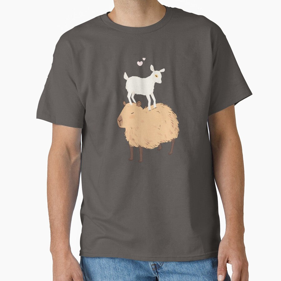 Capybara with a baby goat friend standing on its head - a cute cartoon capybara illustration pink version by Yarafantasyart