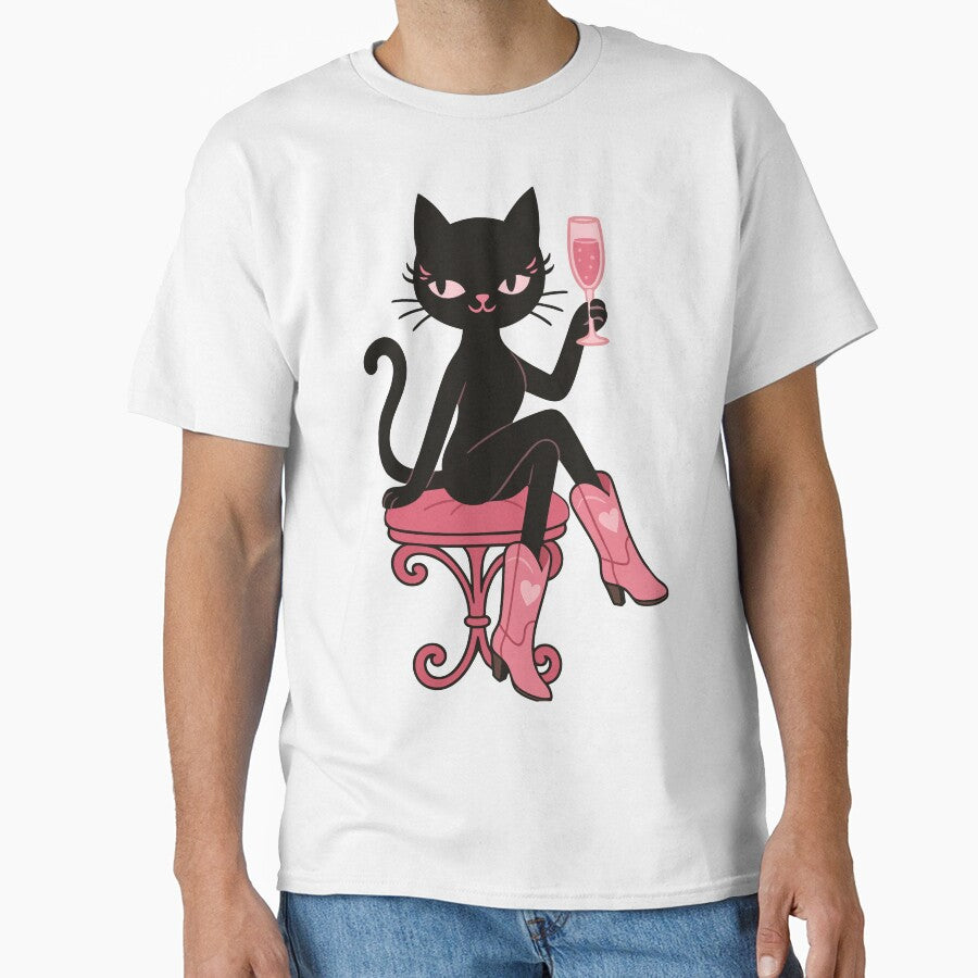 Elegant Black Cat Diva with Pink Boots and Champagne – Luxurious Vibes by Print-Zoo
