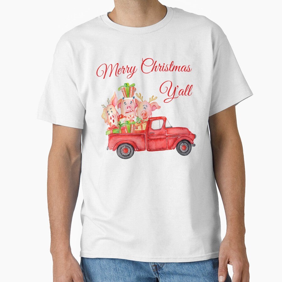 Classic Red Truck with Funny Pigs - Merry Christmas Y'all by Maryna Denysenko