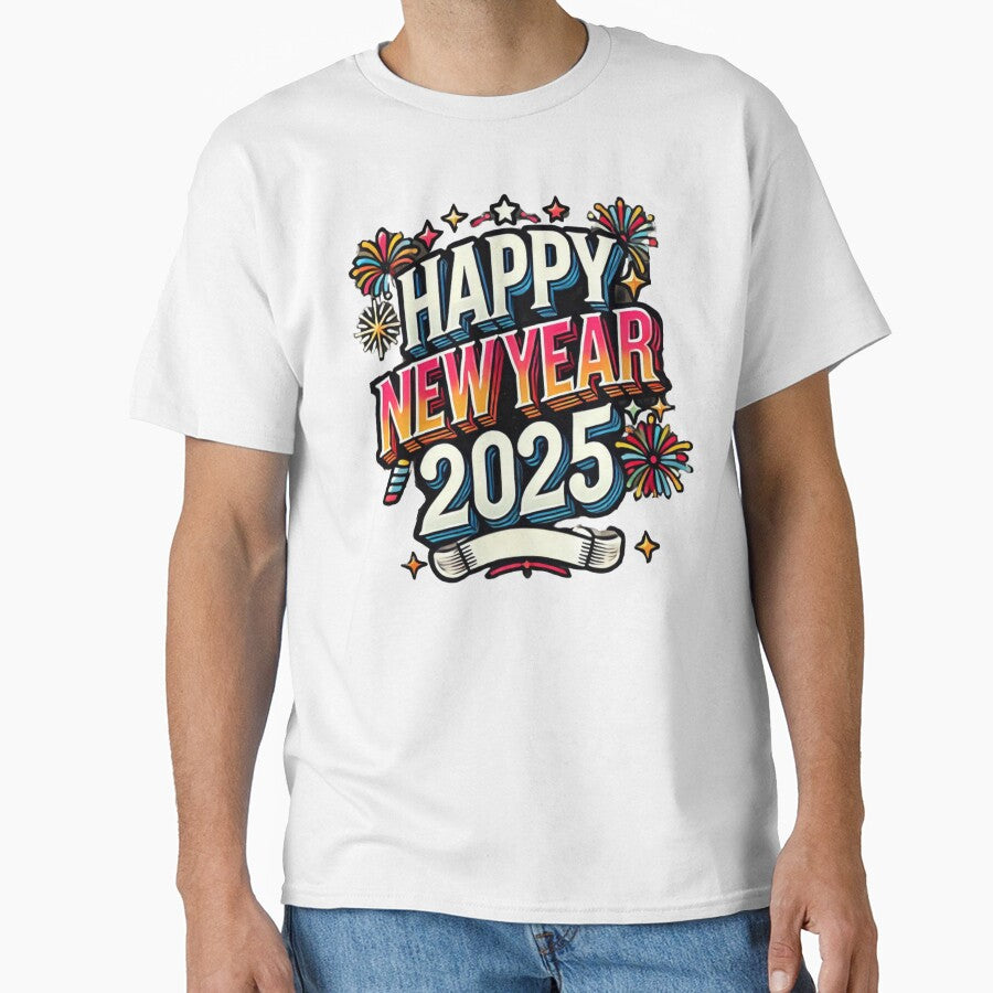 Happy New Year 2025 T-Shirt – Festive Fireworks Design by BlankCanvasHaHa