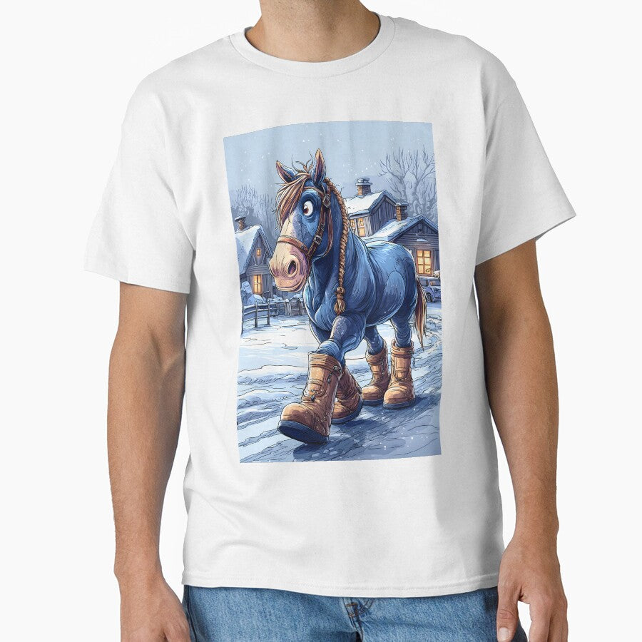 A Blue Horse with Boots Walking in Winter Landscape by Artessie