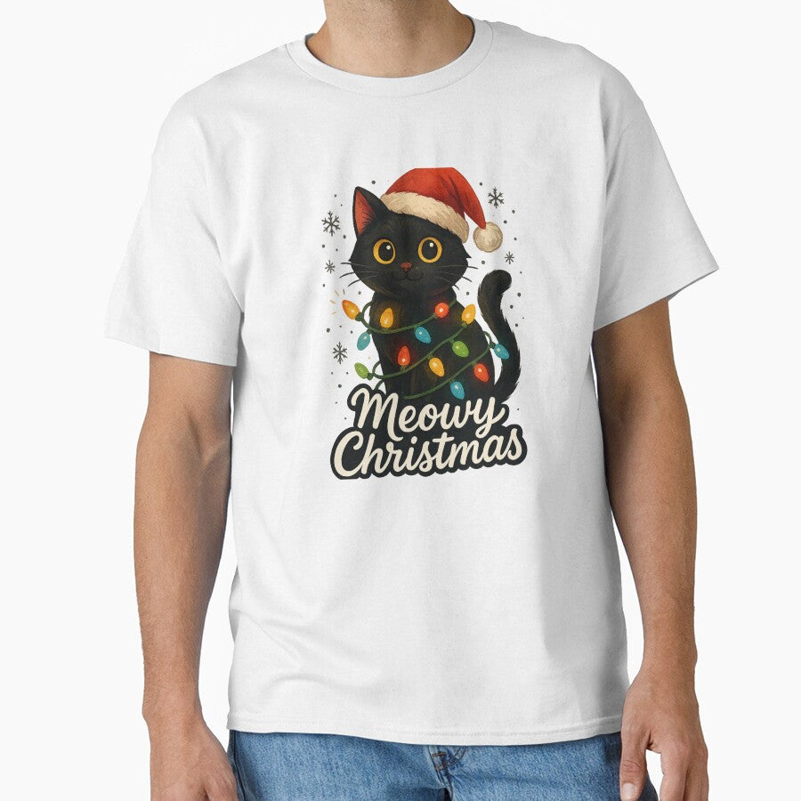 Meowy Christmas Black Cat with Santa Hat & Lights – Festive Holiday Design by DailyDrivesct