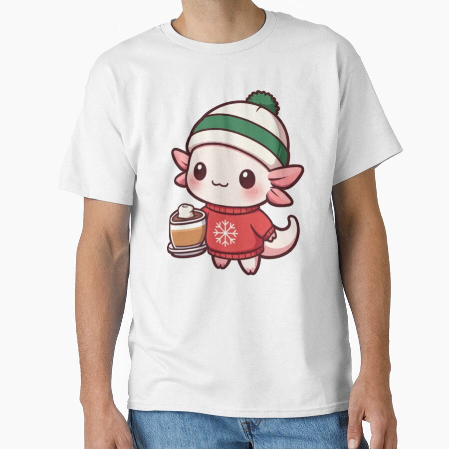 Festive axolotl wearing an ugly sweater and drinking hot chocolate by JonysCreativeDesigns