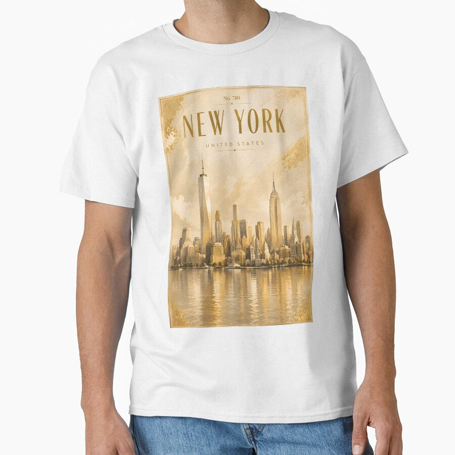 New York Luxury Vintage Travel Poster – Gold & Cream Skyline Wall Art No. 780 by bauschberts