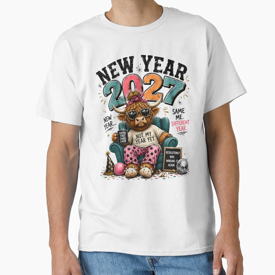 New Year 2027 Same Me Different Year Funny Highland Cow by madebymayberry