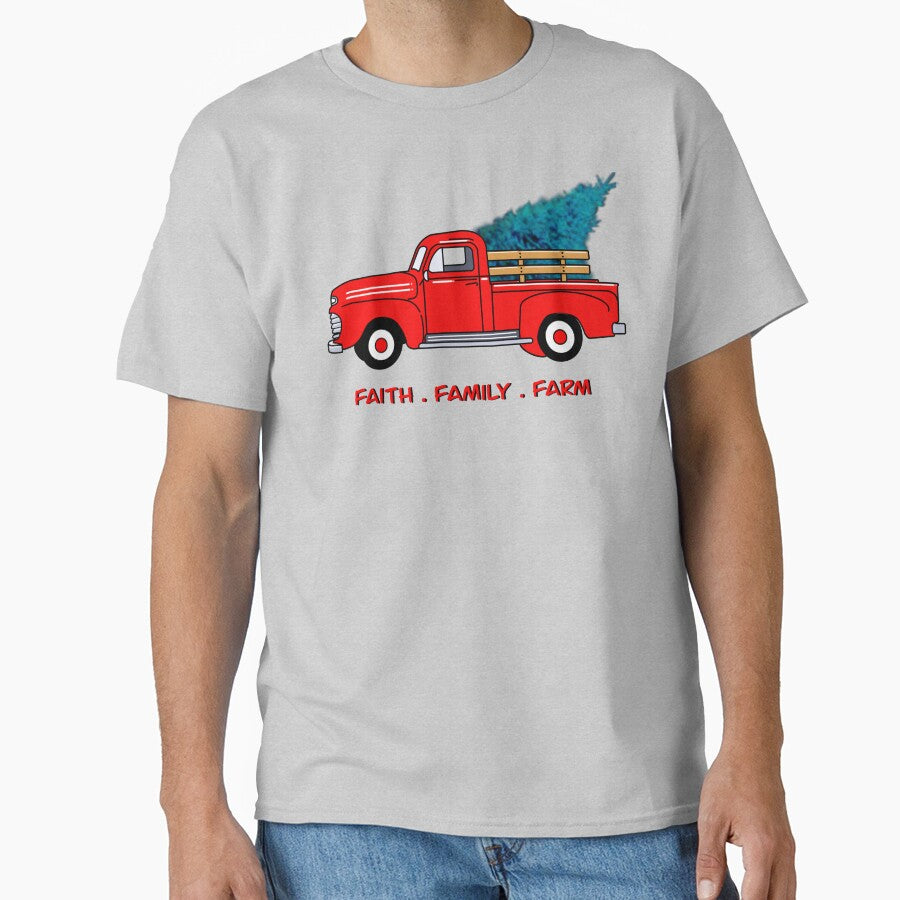 Faith, family, farm, Vintage red pick-up truck drawing, holiday design, Christmas tree by hollycooper