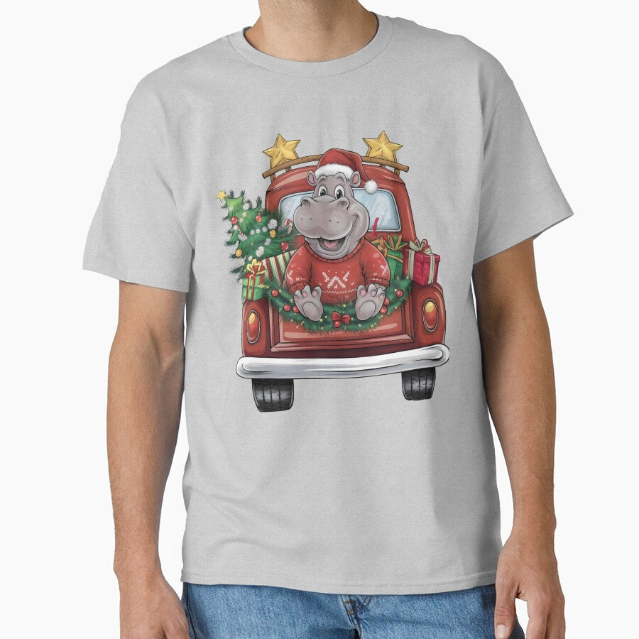 Festive Christmas Hippo in Santa Hat on Holiday Truck - christmas red truck by Pastel-Pulse