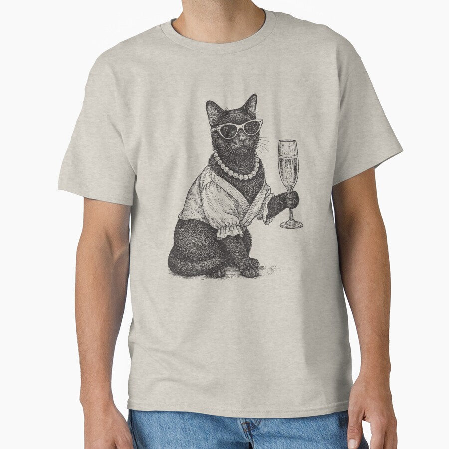 Fancy Black Cat with Champagne – Stylish Vintage Drawing by lilking31