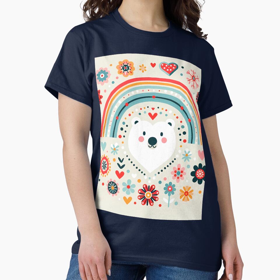 Cute Polar Bear Heart with Rainbow - Scandinavian Folk Art by heidiannemorris © by FOLK ART FUSION