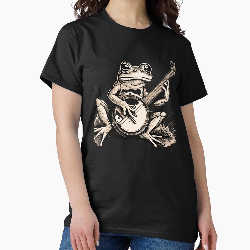 Funny Aesthetic Art Frog Playing Banjo Sitting on Grass Funny Singing Frog by NadeenInspires