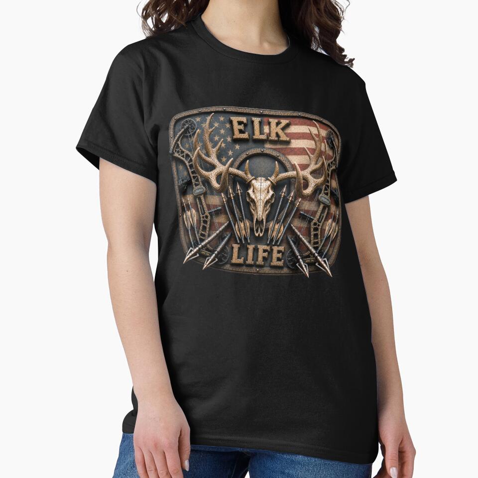Elk Life American Flag Trophy Bull Elk Bow Hunting Badge Wall Art for Archery Hunters by artistwill