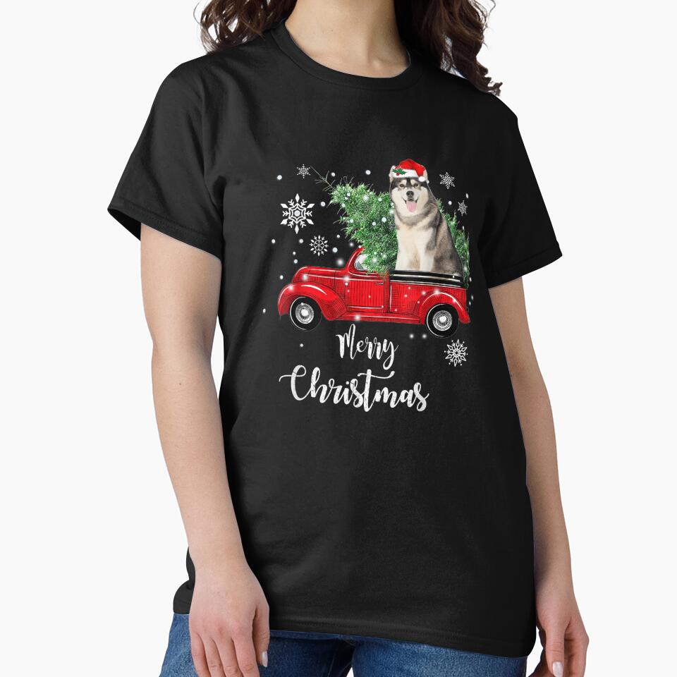 Siberian Husky Ride Red Truck Christmas Pajama by lishakaren