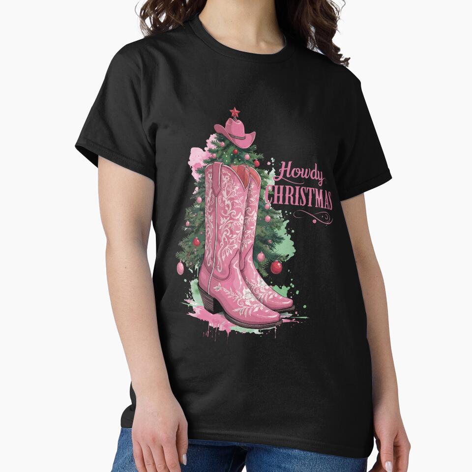 Howdy Christmas to everyone with Pink cowgirl boots, western style, country,horseback, riding, horse owner, farmer, western by Collagedream
