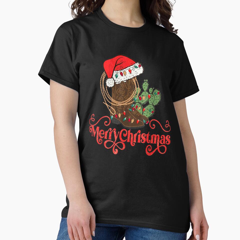 Retro Merry Xmas Santa Hat Cowboy Boots Western Christmas T-Shirt by samarahsan