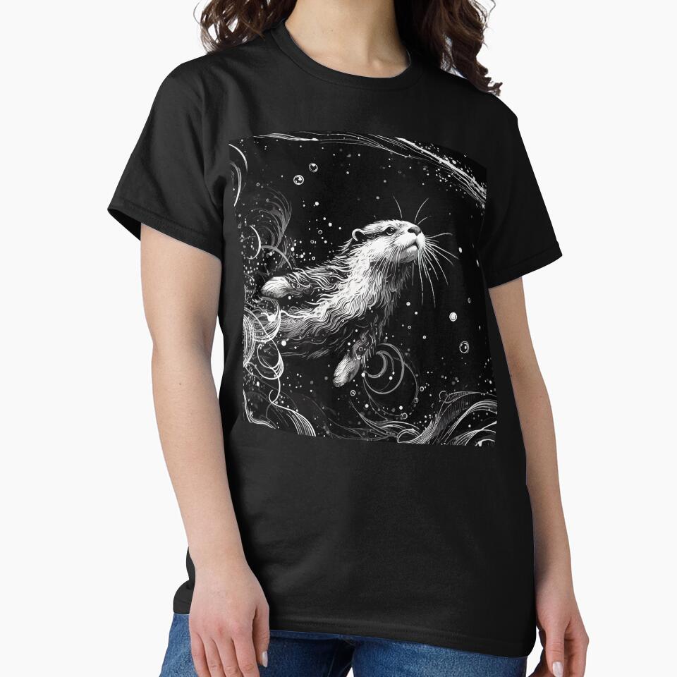 Monochromatic Abstract Outline Otter Swimming Underwater by TomFrontierArt