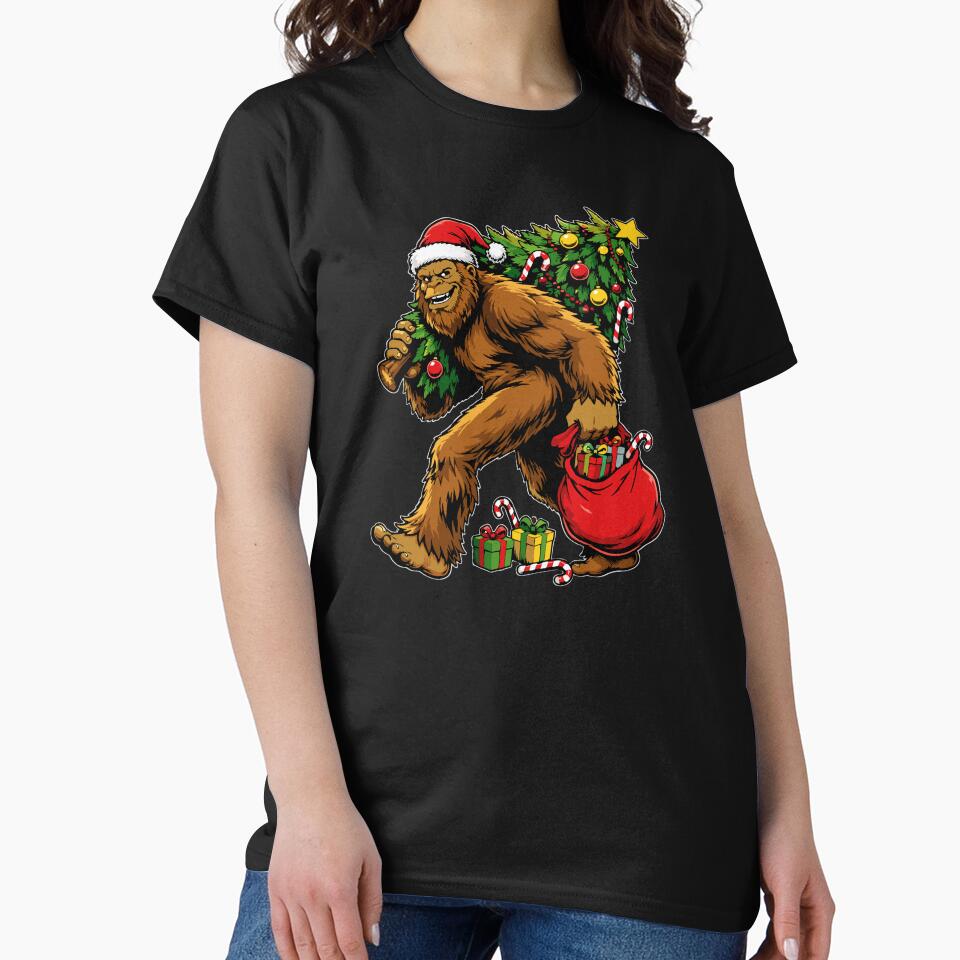 Santa Bigfoot Carrying Christmas Tree Funny Sasquatch Pajamas by alenaz