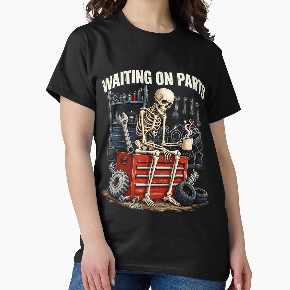 Waiting On Parts Mechanic Skeleton Auto Repair Illustration by netimdomains