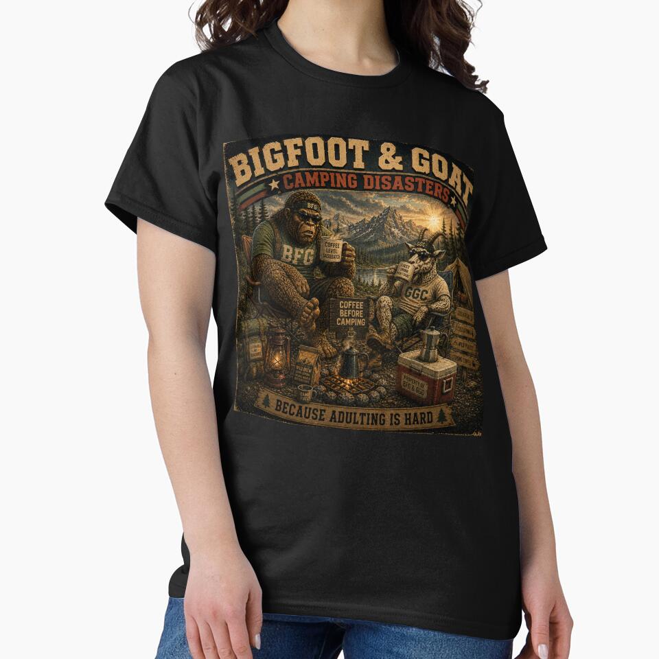 Bigfoot And Goat Coffee Before Camping Funny Outdoor Adventure by NicheBloom