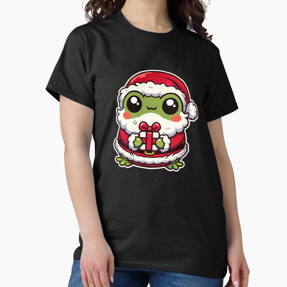 Kawaii Frog - Adorable Frog Santa with Christmas Gift Illustration by DesignDoodleArt