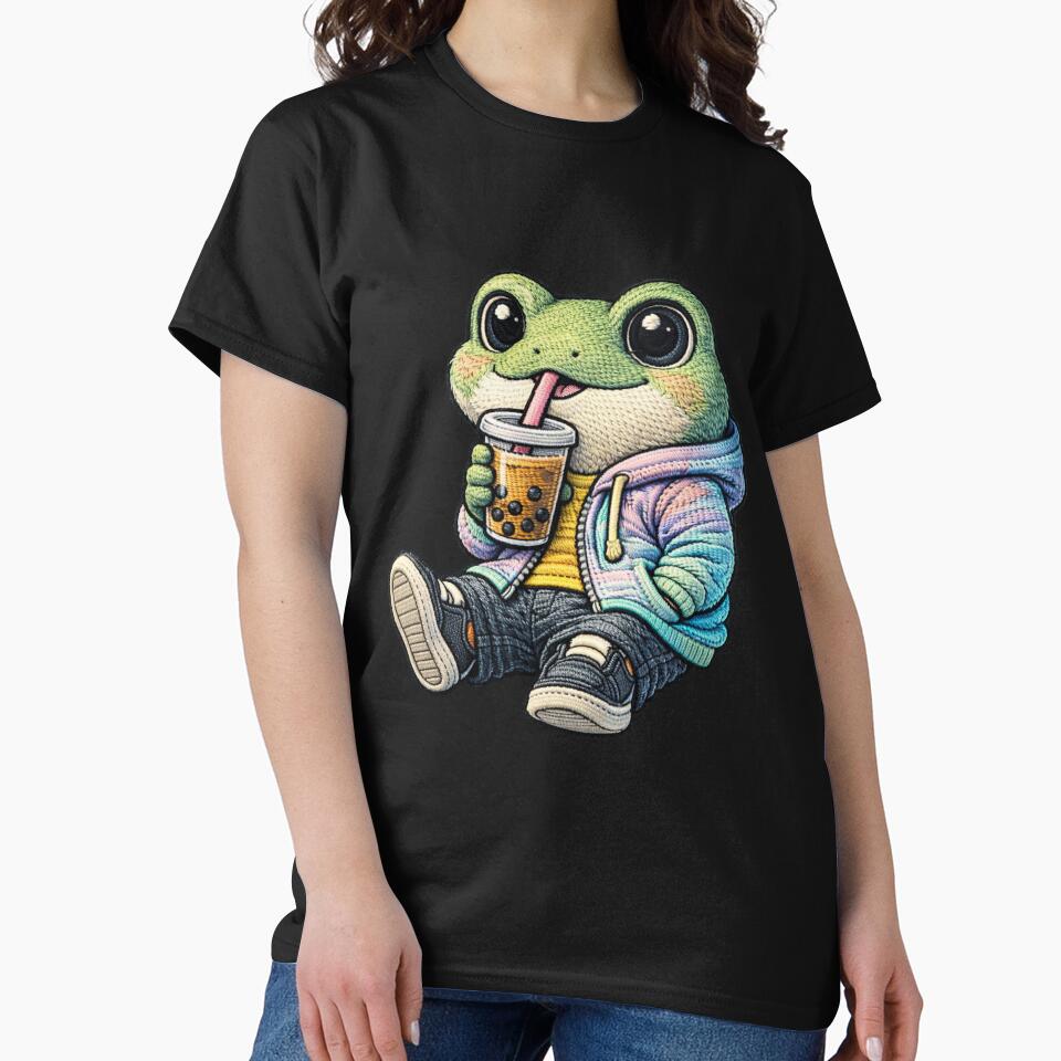 Cute Chill Frog With Bubble Tea – Kawaii Frog Boba Tea Streetwear Embroidered Patch Style by ColorSplash123