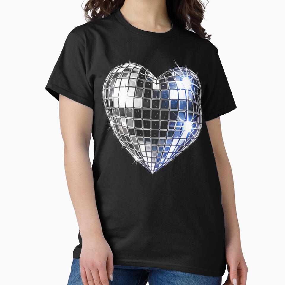 Silver Heart Disco Ball Sparkle 70s Party Metallic Silver Disco Ball Heart Mirror Graphic by Jt41