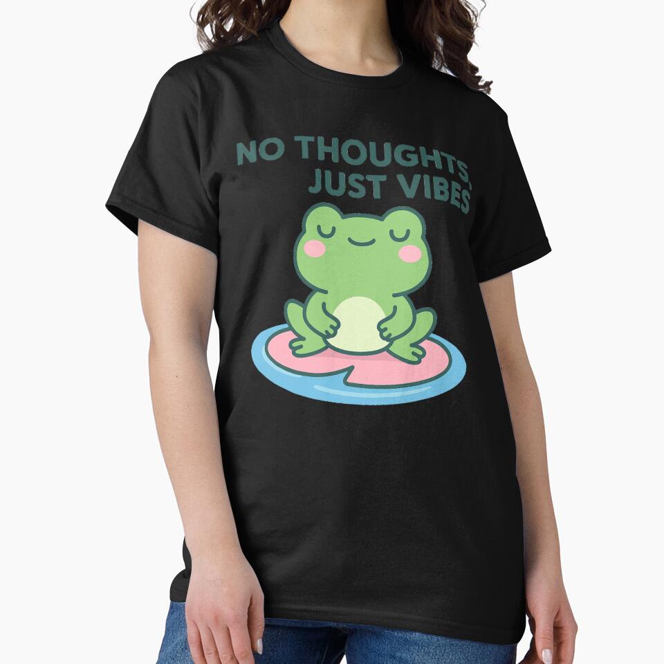 Cute Kawaii Frog on Lily Pad – No Thoughts Just Vibes Aesthetic Sticker by KeepItSimple089