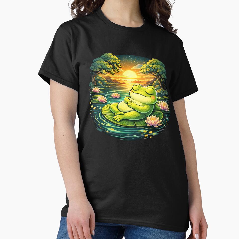 Relaxing Frog on Lily Pad Sunset Sticker – Peaceful Frog Aesthetic – Cute Frog Nature Art by VibeOffline Studio