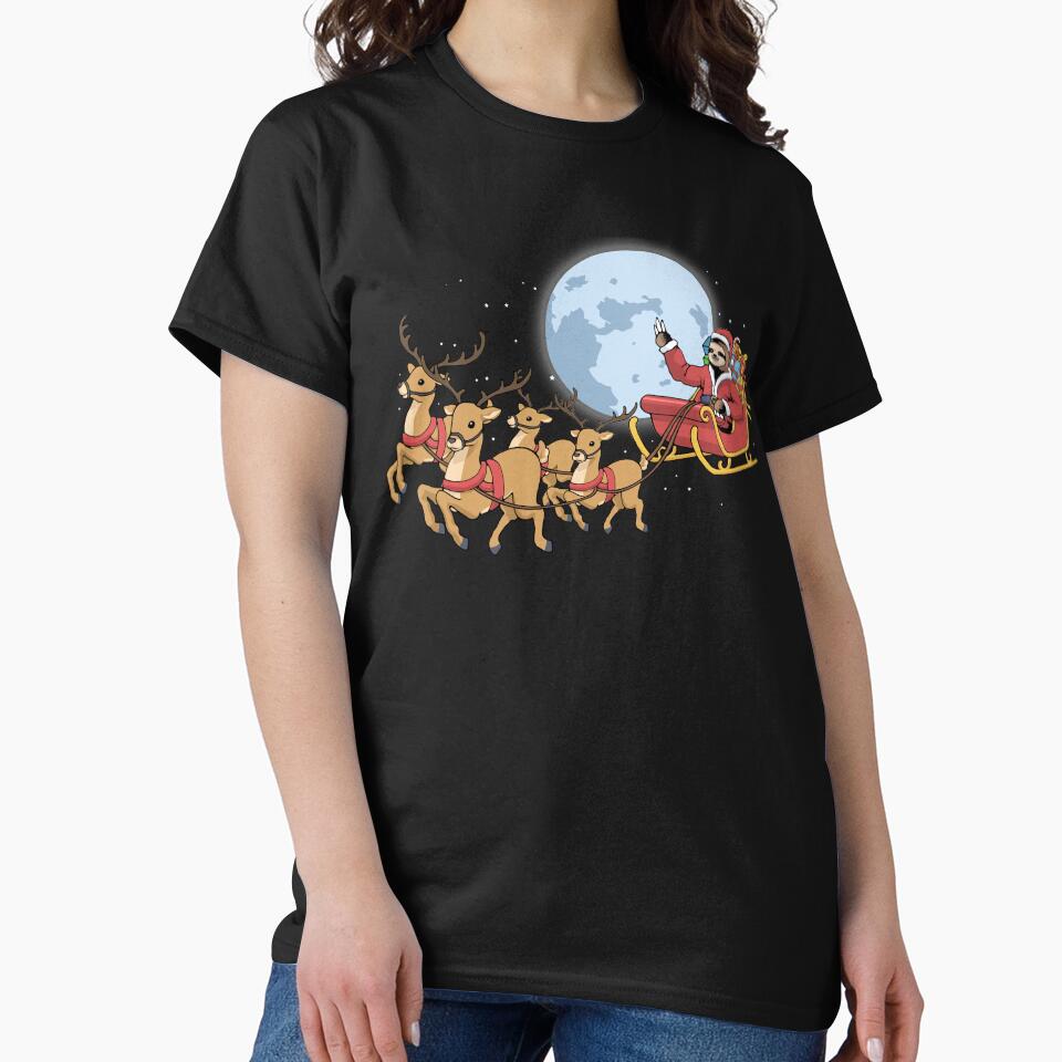 Christmas Sloth Santa Claus Reindeer Sleigh by DSWShirts