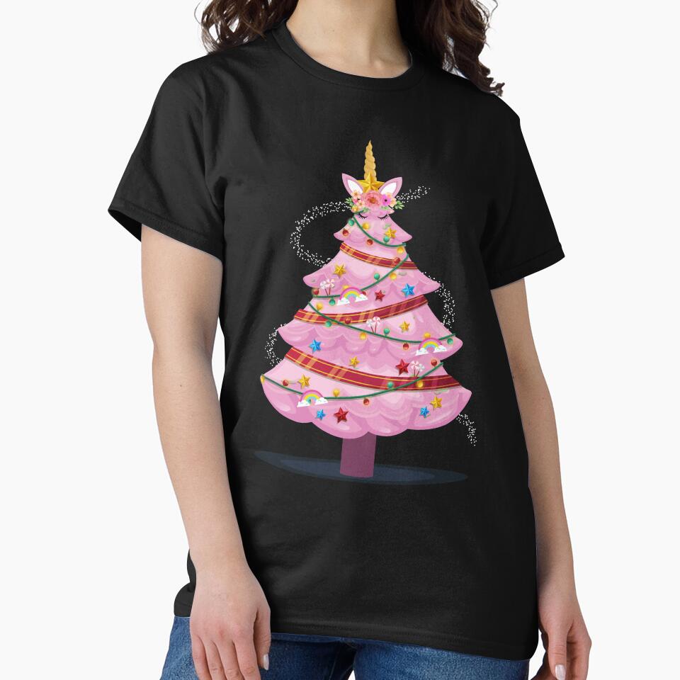 Unicorn Christmas Tree Rose Gold T-Shirt by evaspark