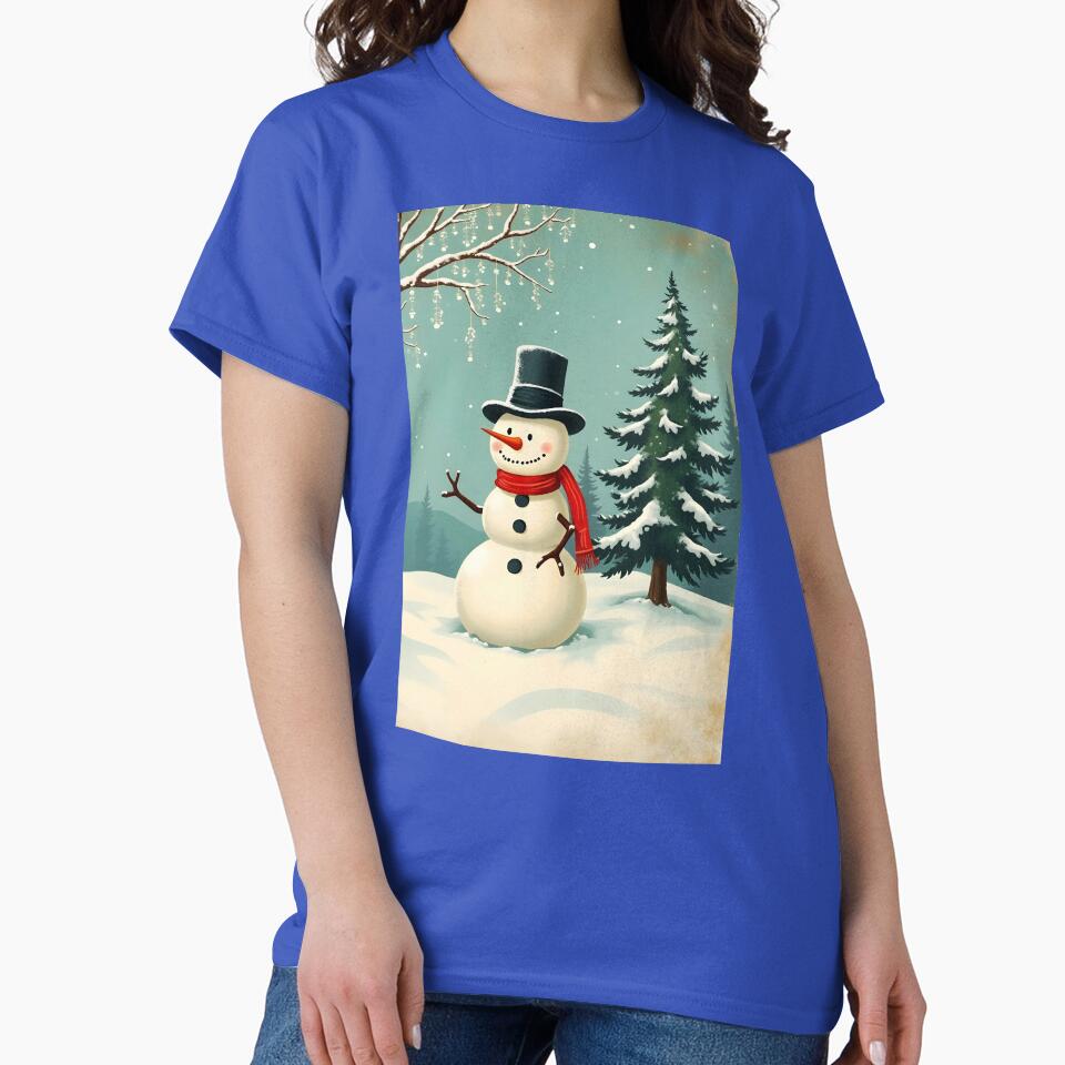 Vintage Snowman next to a pine tree postcard design by EmeraldeaDesign