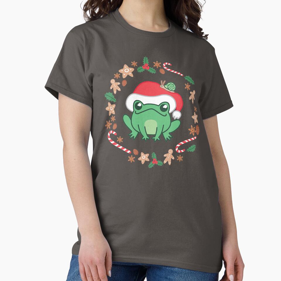 Cute Cottagecore Frog In Red Christmas Hat - Goblincore Kawaii Froggy with Snail - Christmas Edition by ShyOwlet