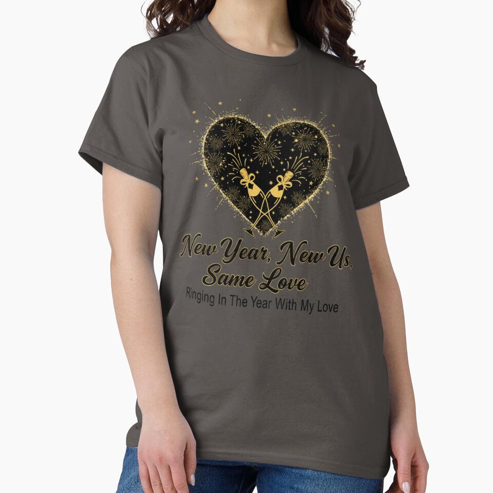 New Year, New Us, Same Love: Gold Champagne Heart Celebration T-Shirt & Holiday Sticker by MonaRose_Art