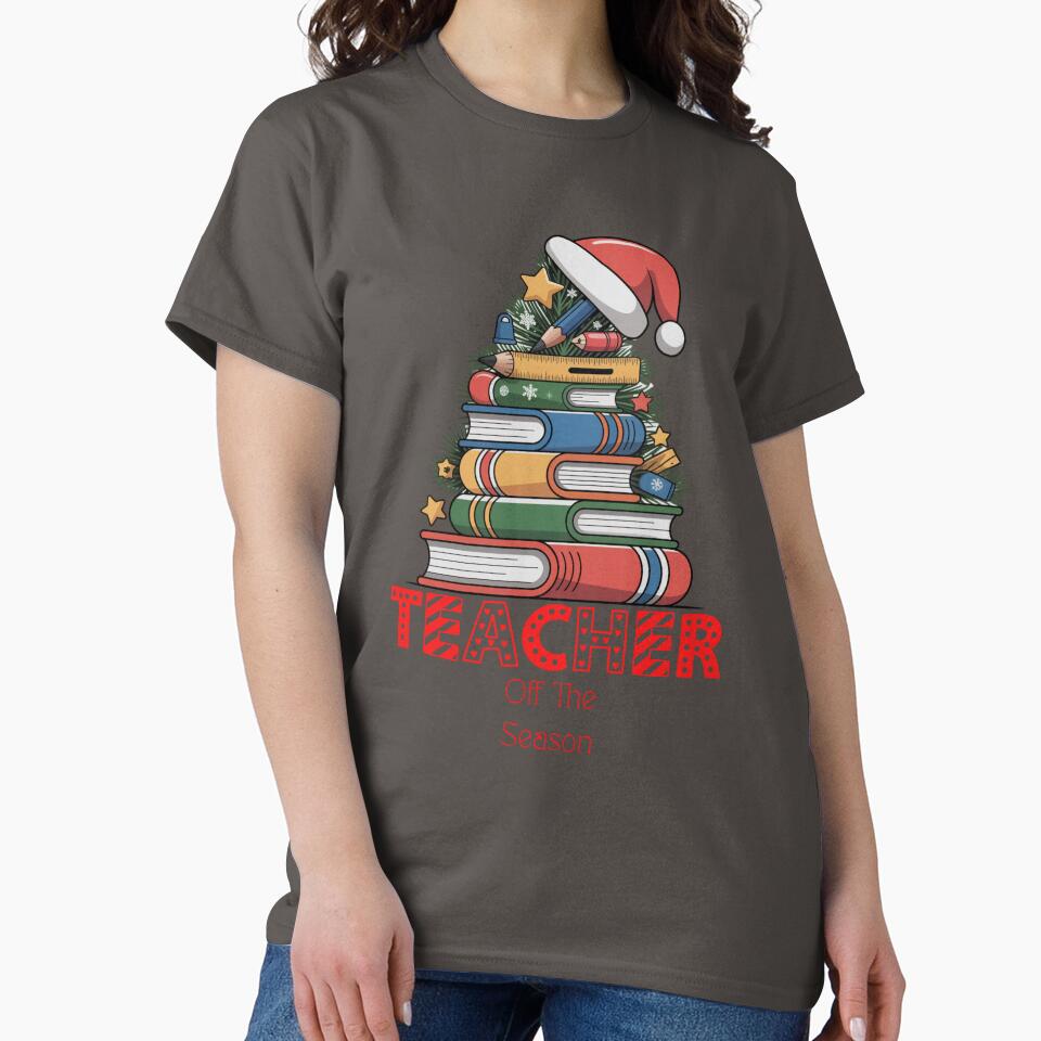 Teacher Of The Season Festive Christmas Book Tree T- shirt by Hybrid Life Co