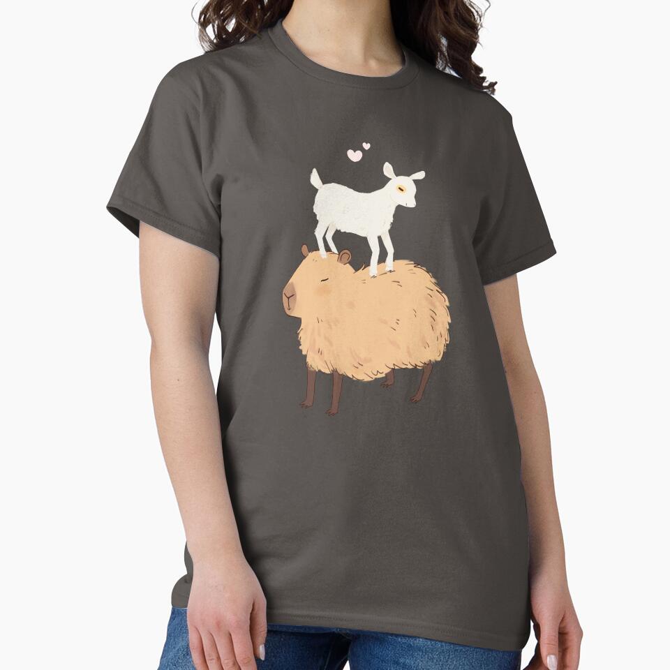 Capybara with a baby goat friend standing on its head - a cute cartoon capybara illustration pink version by Yarafantasyart