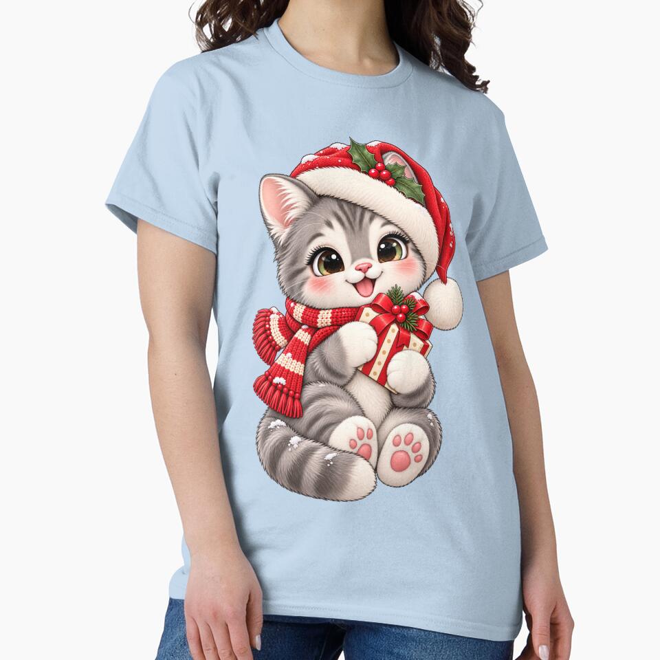 Cute Santa Cat with Christmas Gift – Kawaii Holiday Kitten by HO•Designs
