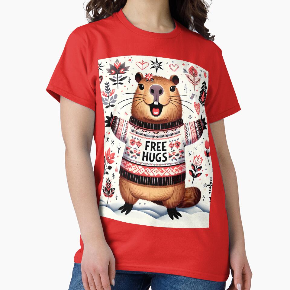 Cute Winter Holiday FREE HUGS Capybara - Scandinavian Folk Art by heidiannemorris © by FOLK ART FUSION