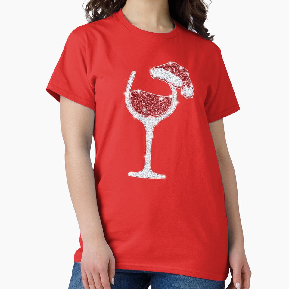 Wine Glass With Santa Hat Funny Christmas T-Shirt by evaspark