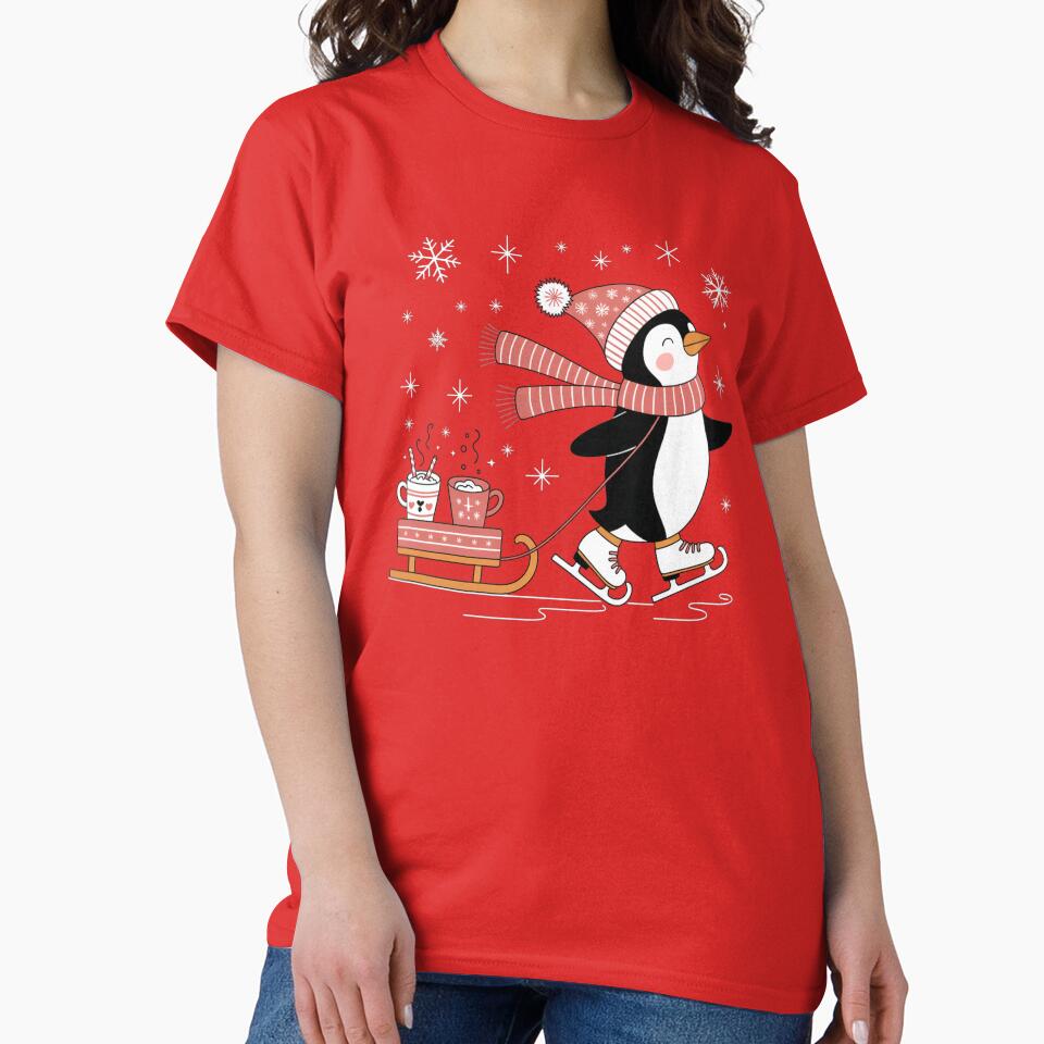Cute Penguin Ice Skating with Hot Cocoa – Whimsical Winter Cartoon Design by RMTrendy