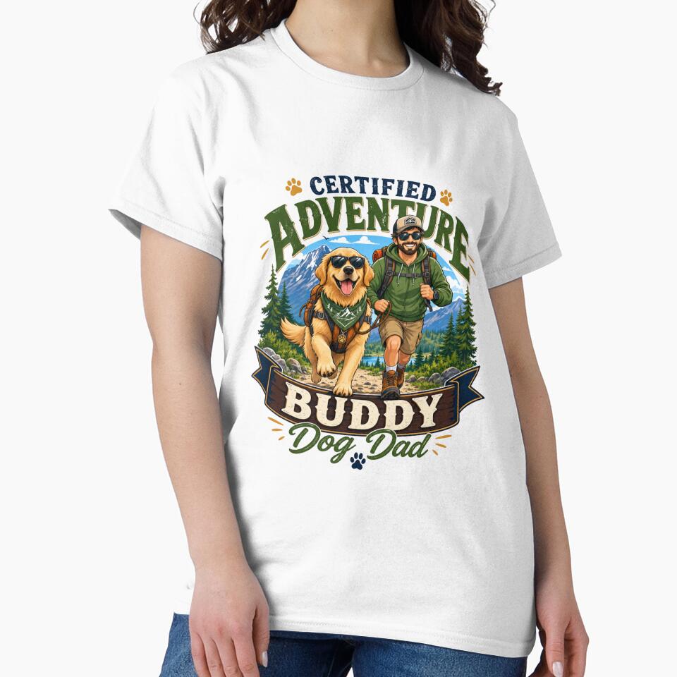 Certified Adventure Buddy Golden Retriever Dog Dad T-Shirt by Ashley critters