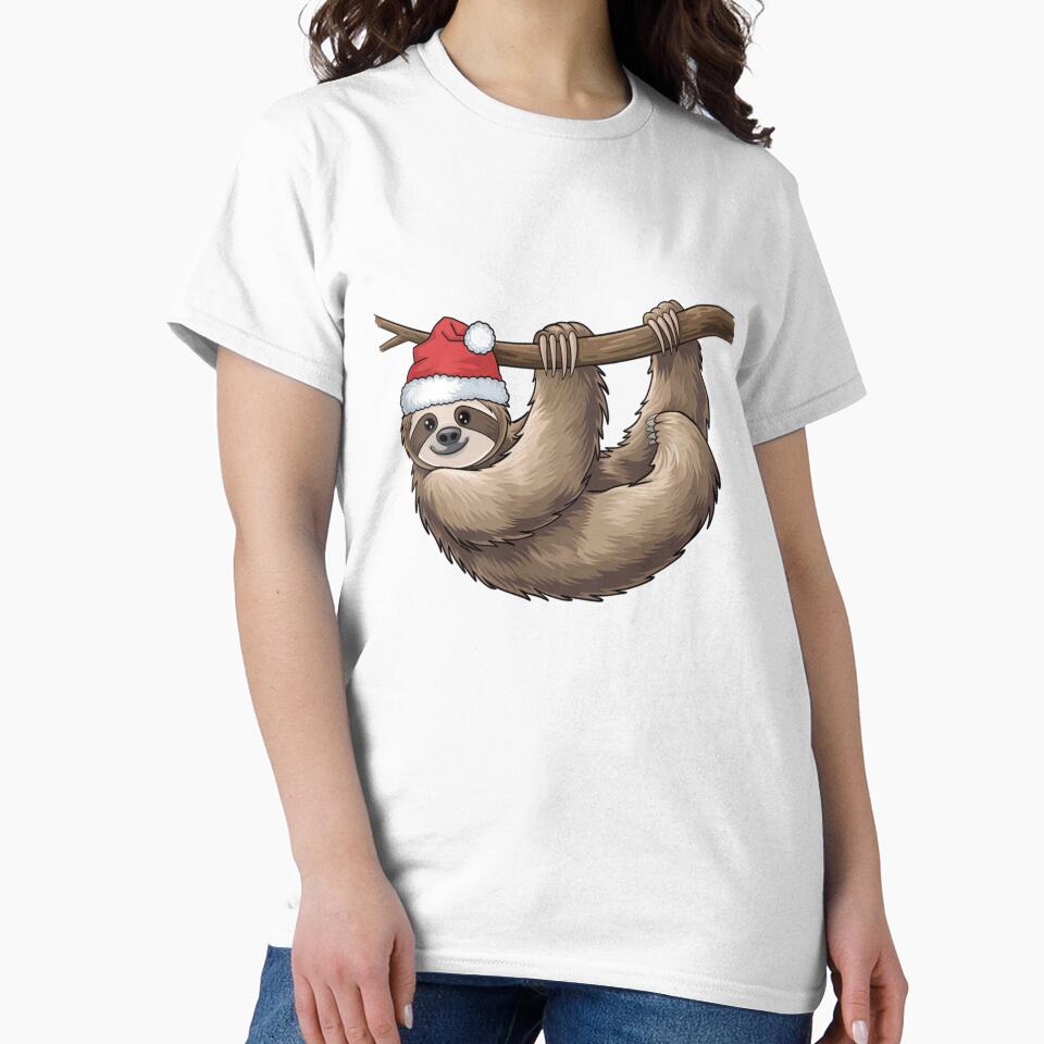 Modern Trendy christmas sloth hanging from a tree branch Santa Hat Claus by SOUFIANE1991
