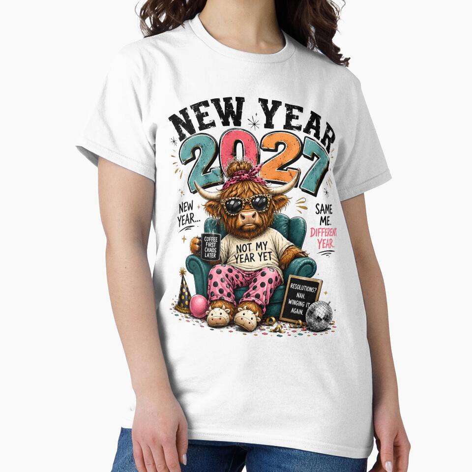 New Year 2027 Same Me Different Year Funny Highland Cow by madebymayberry