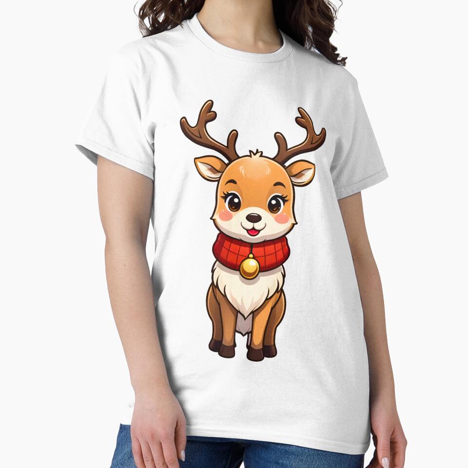 Adorable reindeer with red scarf, golden bell, big brown eyes, soft fur, and happy Christmas smile by Mimoshi ⭐⭐⭐⭐⭐