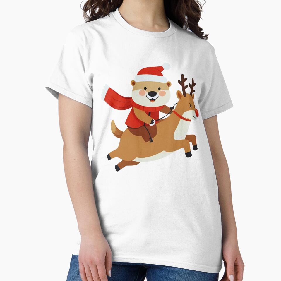 Festive Otter Riding Santa’s Reindeer – Cute Holiday Art by Otterly Cute