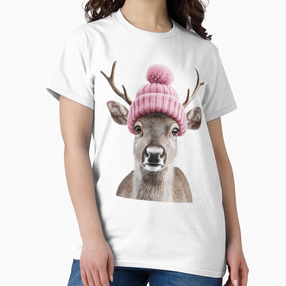 Cozy Reindeer Wearing Pink Winter Hat Trendy Animal Fashion Artwork by LazyOwlStore