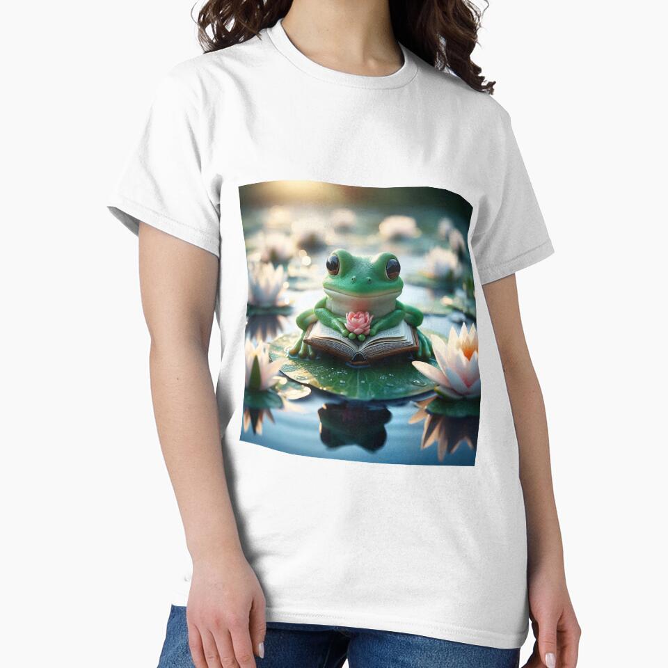 Cute Frog Reading Book Lily Pad by AI-Only Creations