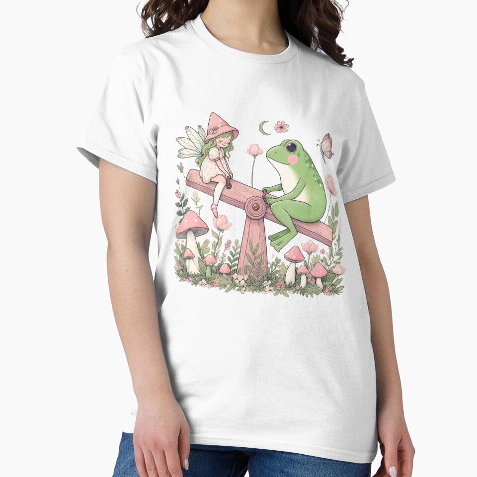 Cute frog with a green haired fairy playing seesaw, faiycore design by coloursforkids